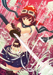 Rule 34 | 1girl, armlet, bandana, box sentou shoujo, brown hair, brown thighhighs, cigarette, colored eyelashes, fighting stance, fingerless gloves, gloves, goggles, goggles on head, hat, highres, kanini, katana, magic, mouth hold, naginata, original, pleated skirt, polearm, scarf, shirt, short hair, skirt, solo, spear, sword, thighhighs, trident, weapon, x arms, zettai ryouiki
