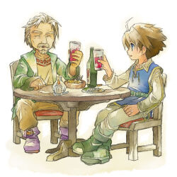 Rule 34 | 2boys, alcohol, bartz klauser, brown hair, candle, chair, closed eyes, cup, drink, eggru, facial hair, final fantasy, final fantasy v, food, galuf halm baldesion, goatee, grey hair, highres, holding, holding cup, multiple boys, mustache, old, old man, plate, red wine, sitting, table, wine