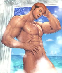 Rule 34 | 1boy, abs, bara, blue eyes, brown hair, bulge, cloud, cloudy sky, completely nude, convenient censoring, facial hair, gyee, highres, ko shushu, large pectorals, long sideburns, male focus, male pubic hair, manly, multicolored hair, muscular, navel, nipples, nude, open mouth, orange hair, pectorals, pubic hair, rand (gyee), short hair, showering, sideburns, sky, solo, steam, steam censor, stubble, wet