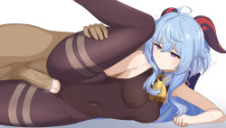 Rule 34 | 1boy, 1girl, ahoge, bare shoulders, bell, black legwear, black leotard, blue hair, blush, bodystocking, bodysuit, breasts, censored, clothed female nude male, clothed sex, commentary request, covered erect nipples, covered navel, donutman, ganyu (genshin impact), genshin impact, heart, heart censor, hetero, highres, horns, leg grab, leg up, leotard, leotard under clothes, light smile, long hair, looking at another, looking at penis, lying, medium breasts, navel, neck bell, nude, on side, paid reward available, partial commentary, penis, purple eyes, pussy, sex, sidelocks, simple background, solo focus, spooning, sweatdrop, thighlet, torn clothes, torn legwear, vaginal, white background