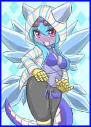 Rule 34 | 1girl, argyle, argyle background, argyle clothes, bikini, blue border, blue hair, border, breasts, claws, cleavage, demon girl, demon horns, demon tail, eyewear on head, fang, hellice frost demon (p&amp;d), highres, hood, hoodie, horns, ice, ice wings, jacket, looking at viewer, medium breasts, multicolored clothes, multicolored stripes, navel, no nose, purple bikini, purple eyes, puzzle &amp; dragons, short hair, solo, striped clothes, striped hoodie, sunglasses, swimsuit, tail, vertical stripes, wings