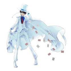 Rule 34 | 1boy, adjusting clothes, adjusting headwear, bad id, bad pixiv id, belt, blue eyes, blue shirt, brown hair, cape, card, floating card, formal, glasses, gloves, hat, jacket, kaitou kid, kuroba kaito, looking at viewer, male focus, md5 mismatch, meitantei conan, monocle, monocle chain, necktie, pants, resolution mismatch, shirt, simple background, smile, solo, source larger, standing, suit, top hat, white gloves, white jacket, white pants, white suit