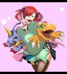 Rule 34 | 1girl, 2boys, agumon, artist request, bandai, blue dress, breasts, claws, cleavage, digimon, digimon story: cyber sleuth, dress, fangs, friends, gabumon, grabbing, happy, horns, monster, multiple boys, open mouth, red hair, shiramine nokia, simple background, smile, twintails