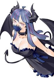 Rule 34 | 1girl, ahoge, black dress, black horns, black wings, blue hair, blue ribbon, blunt bangs, breasts, choker, cleavage, dress, frilled dress, frills, horns, large breasts, looking to the side, mask, mouth mask, multicolored hair, one piece, pink eyes, pink hair, raine (acke2445), ribbon, simple background, solo, streaked hair, tail, ulti (one piece), upper body, white background, wings