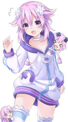 Rule 34 | 1girl, :d, adult neptune, blush, character doll, choker, cowboy shot, d-pad, d-pad hair ornament, giga-tera, hair ornament, hand up, hood, hooded jacket, jacket, long sleeves, looking at viewer, medium hair, nepgear, neptune (neptunia), neptune (series), open mouth, purple eyes, purple hair, simple background, smile, solo, thighhighs, usb, white background, white choker, zipper pull tab