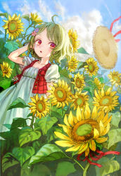 Rule 34 | 1girl, :o, adapted costume, aged down, ahoge, album cover, alternate costume, ama-tou, blue sky, cloud, cover, day, dress, female focus, flower, green hair, hair flower, hair ornament, hand in own hair, hat, unworn hat, unworn headwear, kazami yuuka, looking at viewer, plaid, plaid vest, puffy sleeves, red eyes, ribbon, short hair, short sleeves, sky, solo, straw hat, sundress, sunflower, touhou, vest