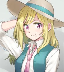 Rule 34 | 1girl, aqua vest, collared shirt, copyright request, hand on headwear, hat, necktie, niina ryou, open clothes, open vest, pink eyes, pink necktie, polka dot neckwear, shirt, sleeves pushed up, solo, sun hat, vest, white shirt