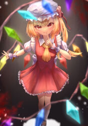 Rule 34 | 1girl, \||/, absurdres, ascot, blonde hair, blurry, breasts, crystal, depth of field, finger to mouth, flandre scarlet, frills, full body, grey background, hat, highres, index finger raised, looking at viewer, mob cap, one side up, red eyes, red skirt, red vest, simple background, skirt, skirt set, small breasts, smile, solo, standing, touhou, tsurime, vest, wings, wristband, xxxxxg, yellow ascot