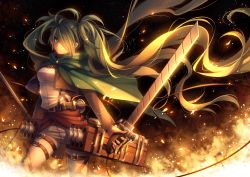 Rule 34 | 1girl, cape, fire, green eyes, green hair, hair over one eye, hatsune miku, holster, leg belt, long hair, long sleeves, looking at viewer, matching hair/eyes, open clothes, open vest, pants, parody, shingeki no kyojin, shirt, solo, sword, thigh holster, three-dimensional maneuver gear, tidsean, twintails, very long hair, vest, vocaloid, weapon