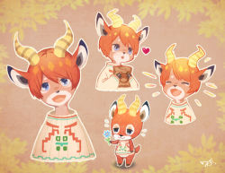 Rule 34 | 1boy, animal ears, bag, beau (animal crossing), blue eyes, deer, deer ears, deer tail, animal crossing, closed eyes, flower, heart, horns, nintendo, open mouth, orange hair, paper bag, personification, smile, sweater, tail