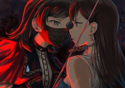 Rule 34 | 2girls, absurdres, bang dream!, bang dream! it&#039;s mygo!!!!!, black hair, black jacket, blue eyes, blue gemstone, brown hair, buttons, capelet, chain necklace, commentary request, dark background, dress, earrings, eye contact, gem, highres, jacket, jewelry, long hair, looking at another, mask, medium hair, mole, mole under eye, mouth mask, multiple girls, necklace, parted lips, purple eyes, raito taisha, red capelet, see-through, see-through sleeves, shiina taki, shirt, sidelighting, sword, upper body, weapon, white shirt, yahata umiri