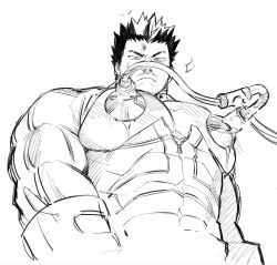 Rule 34 | 1boy, bara, bare pectorals, body blush, bodysuit, boiled heroes, boku no hero academia, covered abs, cropped torso, endeavor (boku no hero academia), facial hair, from below, frown, greyscale, highres, large pectorals, male focus, male lactation, mature male, milking machine, monochrome, muscular, muscular male, mustache, no scar, open bodysuit, open clothes, pectoral press, pectorals, short hair, sideburns, solo, spiked hair, stubble, surprised, unzipped