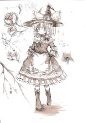 Rule 34 | 1girl, absurdres, aidumi, bad id, bad pixiv id, boots, braid, cross-laced footwear, embellished costume, female focus, gloves, hat, highres, kirisame marisa, lace-up boots, monochrome, side braid, solo, touhou, wavy hair, witch, witch hat