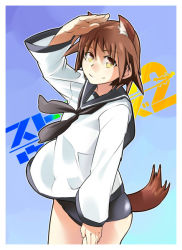 Rule 34 | 1girl, animal ears, brown hair, dog ears, dog tail, looking at viewer, miyafuji yoshika, salute, short hair, smile, solo, strike witches, swimsuit, swimsuit under clothes, tail, uno ichi, world witches series, yellow eyes