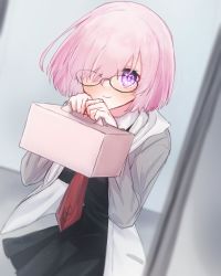 Rule 34 | 1girl, black-framed eyewear, black dress, blush, closed mouth, commentary request, dress, fate/grand order, fate (series), glasses, grey jacket, hair over one eye, harukappa, highres, holding, hood, hood down, hooded jacket, indoors, jacket, looking at viewer, mash kyrielight, multicolored clothes, multicolored jacket, necktie, one eye covered, open clothes, open jacket, pink hair, purple eyes, red necktie, short hair, smile, solo, two-tone jacket, valentine, white jacket