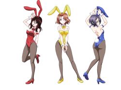 Rule 34 | 3girls, animal ears, armband, ass, azumi (girls und panzer), back, bare shoulders, bikini, black eyes, black legwear, blue bow, blue eyes, blue footwear, blue leotard, blush, bow, bowtie, breasts, brown hair, cleavage, collarbone, covered navel, detached collar, fake animal ears, full body, girls und panzer, grey hair, groin, high heels, highres, key (gaigaigai123), legs, leotard, looking at viewer, looking back, medium hair, megumi (girls und panzer), multiple girls, ok sign, one eye closed, open mouth, own hands together, pantyhose, playboy bunny, rabbit ears, rabbit tail, red bow, red footwear, red leotard, rumi (girls und panzer), short hair, shoulder blades, side-tie bikini bottom, smile, standing, standing on one leg, strapless, strapless leotard, swimsuit, tail, thighs, white background, wrist cuffs, yellow bow, yellow footwear, yellow leotard
