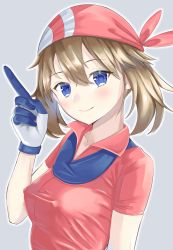 Rule 34 | 1girl, bandana, blue eyes, blush, brown hair, covered erect nipples, creatures (company), game freak, gloves, highres, looking at viewer, may (pokemon), nintendo, pokemon, red shirt, shirt, short hair, simple background, smile, solo