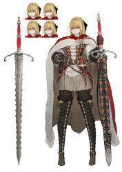 Rule 34 | 1girl, armor, blonde hair, cape, character sheet, dagger, expressions, flamberge, flamberge (navigavi), hand on own hip, highres, jun (navigavi), knife, knight, long hair, original, pantyhose, red hair, sheath, simple background, sword, thighhighs, weapon, white background, yellow eyes