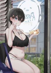 Rule 34 | 1girl, bag, bare arms, bare shoulders, black hair, black shirt, blue eyes, breasts, camisole, chair, cheese trail, chest tattoo, cleavage, collarbone, crop top, crop top overhang, drawstring, duffel bag, eating, food, gwan-e, hand up, highres, indoors, large breasts, micro shorts, midriff, navel, original, panty straps, pizza, pizza slice, shirt, short hair, shorts, sitting, sleeveless, sleeveless shirt, smile, solo, spaghetti strap, sparkling eyes, stomach, strap gap, tattoo, thighs, white shorts