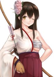 Rule 34 | 10s, 1girl, akagi (kancolle), arrow (projectile), bow (weapon), breasts, brown eyes, brown hair, cleavage, fukuroumori, gloves, hair ornament, highres, japanese clothes, kantai collection, long hair, matching hair/eyes, one eye closed, partially fingerless gloves, partly fingerless gloves, solo, weapon, yugake