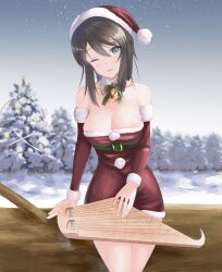 Rule 34 | 1girl, alternate headwear, bell, bow, bowtie, brown eyes, brown hair, christmas, collar, commentary, detached collar, detached sleeves, dress, eno (mauritz stiller), forest, fur-trimmed dress, fur-trimmed sleeves, fur trim, girls und panzer, green bow, green bowtie, grey sky, hat, highres, holding, holding instrument, instrument, kantele, long hair, looking at viewer, microdress, mika (girls und panzer), nature, neck bell, one eye closed, open mouth, outdoors, red dress, red hat, red sleeves, santa dress, santa hat, sitting, sky, smile, snow, solo, star (sky), starry sky, strapless, strapless dress, tree, white collar, wing collar