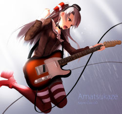 Rule 34 | 10s, 1girl, akabane rin, amatsukaze (kancolle), brown eyes, character name, dress, guitar, highres, instrument, jumping, kantai collection, long hair, sailor dress, silver hair, solo, sweat, two side up