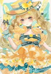Rule 34 | 1girl, aqua background, aqua eyes, aqua nails, aqua ribbon, blonde hair, border, closed mouth, commentary request, cowboy shot, cup, daisy, disposable cup, dress, drink, drinking straw, earrings, english text, flower, flower earrings, food, fruit, fruit hat ornament, hand up, hat, hat ribbon, highres, holding, holding cup, holding drink, jewelry, komorihikki, lemon, lemon print, lemon slice, lemonade, long hair, looking at viewer, mismatched earrings, multi-tied hair, nail polish, original, outside border, plaid, plaid wrist cuffs, print dress, puffy short sleeves, puffy sleeves, ribbon, short sleeves, solo, striped ribbon, twintails, two-tone nails, very long hair, white border, white flower, wrist cuffs, yellow dress, yellow hat, yellow nails