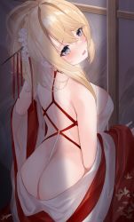Rule 34 | 1girl, ass, azur lane, back, bare shoulders, blonde hair, blue eyes, blush, breasts, china dress, chinese clothes, dress, flower, glorious (azur lane), glorious (pungent plum) (azur lane), hair flower, hair ornament, hair stick, highres, large breasts, megumi kei, official alternate costume, open mouth, red dress, ribbon, solo