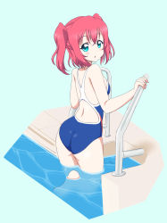 Rule 34 | 10s, 1girl, :o, ass, blue eyes, blush, competition swimsuit, highres, kurosawa ruby, love live!, love live! school idol project, love live! sunshine!!, nagarakawa shiraku, one-piece swimsuit, pool, pool ladder, poolside, red hair, short hair, short twintails, solo, swimsuit, twintails, two side up