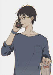 Rule 34 | 1boy, 1girl, alcohol, aqua eyes, bad id, bad pixiv id, bandaid, bandaid on neck, beer, beer can, black-framed eyewear, black hair, blush, bracelet, can, cellphone, cigarette, collarbone, drink can, film grain, glasses, grey background, holding, holding can, holding phone, jewelry, lococo:p, male focus, original, parted lips, phone, simple background, sketch, sleeves rolled up, smile, solo, talking on phone