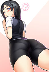 Rule 34 | 1girl, ?, ass, bike shorts, black hair, black shorts, black vest, blue eyes, blush, commentary request, cowboy shot, from behind, from below, hair ornament, hairclip, hand up, highres, kantai collection, kuroshio (kancolle), looking back, outline, pantylines, pink background, shirt, short hair, short shorts, short sleeves, shorts, solo, spoken question mark, standing, taketora suzume, thighs, two-tone background, vest, white background, white outline, white shirt