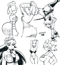 Rule 34 | 2015, 5girls, alternate costume, animal ears, arms up, ass, ass shake, back, backless outfit, breasts, playboy bunny, cat ears, cat tail, cerebella (skullgirls), cleavage, collage, dated, detached sleeves, filia (skullgirls), from behind, greyscale, handstand, kicking, large breasts, leotard, leviathan (skullgirls), long hair, monochrome, ms. fortune (skullgirls), multiple girls, necktie, playboy bunny, school uniform, skullgirls, squigly (skullgirls), stitched mouth, stitches, tail, tsukudani (coke-buta), underboob, upside-down, valentine (skullgirls)