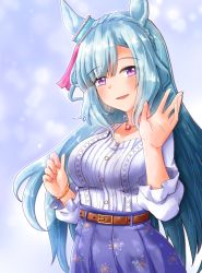 Rule 34 | 1girl, alternate costume, animal ears, belt, blue hair, blush, casual, collarbone, commentary request, highres, horse ears, jewelry, looking at viewer, mejiro ardan (umamusume), necklace, open mouth, oshiaki, purple eyes, simple background, solo, umamusume, waving