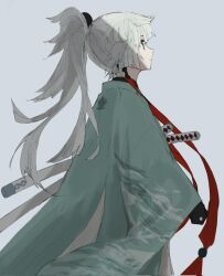 Rule 34 | 1girl, closed mouth, commentary request, corrupted twitter file, fate/samurai remnant, fate (series), from side, green eyes, grey background, grey hair, haori, highres, japanese clothes, katana, kimono, long hair, ponytail, profile, shadow, sheath, sheathed, simple background, solo, sword, very long hair, weapon, wide sleeves, yui shousetsu (fate), yumeko (fgo39625963)