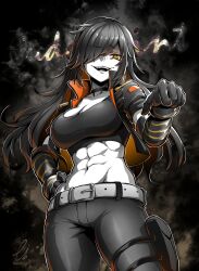 Rule 34 | 1girl, abs, absurdres, belt, breasts, character name, choker, copyright request, crop top, ebiblue, gesugao, gloves, greyscale, highres, jacket, long hair, looking at viewer, looking down, medium breasts, monochrome, muscular, muscular female, navel, orange eyes, original, pants, pointing, pointing at viewer, sera (judgemint), sera (judgemint), smile, solo, spot color, thick thighs, thighs