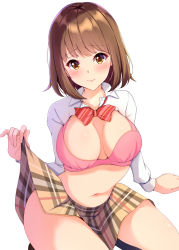 Rule 34 | 1girl, bad id, bad pixiv id, black socks, blush, bow, bowtie, bra, breasts, brown eyes, brown hair, brown skirt, cleavage, clothes lift, collar, collarbone, collared shirt, highres, large breasts, long sleeves, looking at viewer, medium breasts, medium hair, multicolored neckwear, namidako, navel, open clothes, open shirt, original, pink bra, plaid, plaid skirt, shirt, simple background, sitting, skirt, skirt lift, socks, solo, thighs, underwear, wariza, white background, white collar, white shirt