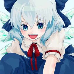 Rule 34 | 1girl, :d, blue dress, blue eyes, blush, cirno, dress, female focus, ice, ice wings, katari, looking back, lowres, open mouth, puffy short sleeves, puffy sleeves, red ribbon, ribbon, round teeth, short sleeves, silver hair, smile, solo, teeth, embodiment of scarlet devil, touhou, upper body, wings