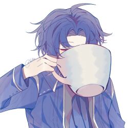 Rule 34 | 1boy, ascot, blue ascot, blue coat, blue hair, chesed (project moon), closed eyes, coat, coffee cup, collared coat, cup, disposable cup, grey shirt, highres, holding, holding cup, library of ruina, long sleeves, male focus, oversized object, parted bangs, project moon, sakiaoba, shirt, simple background, solo, white background