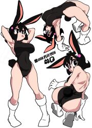 1girl absurdres animal_ears armpits ass bending_backward black_hair black_leotard bongfill breasts covered_navel full_body highres hip_bones large_breasts leotard looking_at_viewer looking_back looking_to_the_side original rabbit_ears rabbit_girl rabbit_tail short_hair simple_background standing tail tongue tongue_out white_background white_footwear