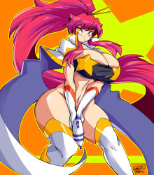 Rule 34 | 1girl, absurdres, blush, boots, breasts, cape, cleavage, closed mouth, cowboy shot, crop top, curvy, dragoontequila, gloves, gun, highres, holding, holding gun, holding weapon, huge breasts, laser gun, long hair, navel, no panties, orange background, ponytail, red hair, shiny skin, solo, space yoko, standing, tengen toppa gurren lagann, thigh boots, thighhighs, very long hair, weapon, white gloves, yellow background, yellow eyes, yoko littner