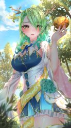 Rule 34 | 1girl, antlers, apple, braid, braided bangs, breasts, bridal gauntlets, ceres fauna, dress, fake antlers, flower, food, forest, fruit, golden apple, green dress, green flower, green hair, hair flower, hair ornament, highres, hololive, hololive english, horns, large breasts, long hair, long sleeves, minxei, mole, mole under eye, multicolored hair, nature, single braid, single bridal gauntlet, single thighhigh, solo, sticks, thighhighs, tree, virtual youtuber, yellow eyes
