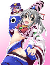 Rule 34 | 2girls, ass, beret, blue eyes, blue hair, blush, breasts, brooch, butt crack, embarrassed, embellished costume, female focus, grey eyes, hat, hat ribbon, ichimi, jewelry, jiangshi, long sleeves, looking at viewer, magical girl, midriff, mini person, minigirl, miyako yoshika, mononobe no futo, multiple girls, ofuda, open mouth, outstretched arms, ponytail, ribbon, short hair, silver hair, sweat, touhou, underboob, wide sleeves, zombie pose