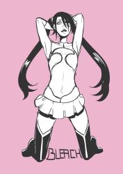 Rule 34 | 1girl, arrancar, artist request, black hair, bleach, breasts, dress, female focus, highres, loly aivirrne, long hair, looking at viewer, monochrome, skirt, small breasts, twintails