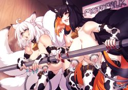 Rule 34 | 2girls, animal print, bell, black hair, blue eyes, blush, breasts, collar, cow print, cowbell, crescentia fortuna, deathblight, elbow gloves, fang, fingerless gloves, fingernails, fox girl, fox tail, gloves, hanging breasts, kitsune, kyuubi, lactation, large breasts, leaning forward, long fingernails, long hair, milking machine, multiple girls, multiple tails, nail polish, neck bell, nipples, nude, pregnant, red eyes, tail, thighhighs, white hair