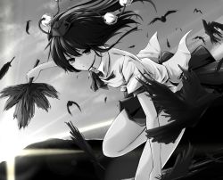 Rule 34 | 1girl, bad id, bad pixiv id, bird, crow, hand fan, feathers, female focus, flying, greyscale, hat, highres, light smile, looking at viewer, monochrome, pom pom (clothes), sam (new bee), shameimaru aya, skirt, sky, solo, sunlight, tokin hat, touhou