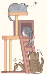 Rule 34 | . ., afterimage, animal, animal focus, beige background, cat, cat tower, closed mouth, closed eyes, looking at viewer, no humans, original, sakurato ototo shizuku, simple background, tail, tail wagging, translation request, zzz