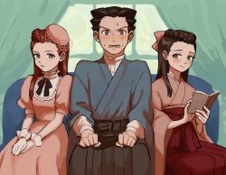 Rule 34 | ace attorney, bad id, bad pixiv id, black hair, blush, book, bow, brown eyes, brown hakama, clenched hands, d:, dahlia hawthorne, dress, flustered, gloves, hair bow, hakama, hat, holding, holding book, iris (ace attorney), japanese clothes, kimono, open mouth, phoenix wright, reading, red hair, red hakama, renshu usodayo, ribbon, siblings, sisters, sweat, taishou, taishou era, white gloves