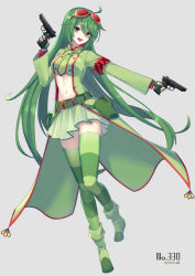 Rule 34 | 1girl, blush, boots, breasts, creatures (company), dual wielding, fingerless gloves, flygon, full body, game freak, gen 3 pokemon, gloves, green eyes, green footwear, green gloves, green hair, green thighhighs, gun, handgun, highres, holding, holding gun, holding weapon, large breasts, long hair, long sleeves, looking at viewer, merlusa, navel, necktie, nintendo, open mouth, personification, pistol, pokedex number, pokemon, smile, solo, striped clothes, striped thighhighs, teeth, thighhighs, upper teeth only, very long hair, weapon