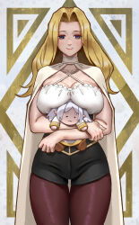 Rule 34 | 1girl, :3, absurdres, black shorts, blonde hair, blue eyes, breasts, cape, capelet, cleavage, closed mouth, criss-cross halter, crossed arms, frieren, halterneck, highres, large breasts, long hair, looking at viewer, methode (sousou no frieren), pandawei, pantyhose, parted bangs, pointy ears, shorts, smile, solo, sousou no frieren, standing, stuffed animal, stuffed toy, twintails, white capelet
