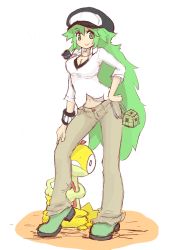 Rule 34 | 10s, 1girl, blush, breasts, cleavage, creatures (company), game freak, gen 5 pokemon, gender request, genderswap, green eyes, green hair, highres, jewelry, long hair, n (pokemon), necklace, nintendo, open clothes, open shirt, pants, pokemon, pokemon (creature), pokemon bw, scraggy, shirt, shouei-chronicles, simple background, sketch, smile